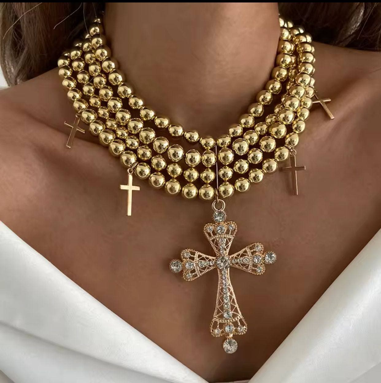 Cross Pendants Multilayered Pearl Necklaces